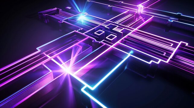 Abstract, glowing, geometric grid with neon lines, perspective view, dark background, digital art