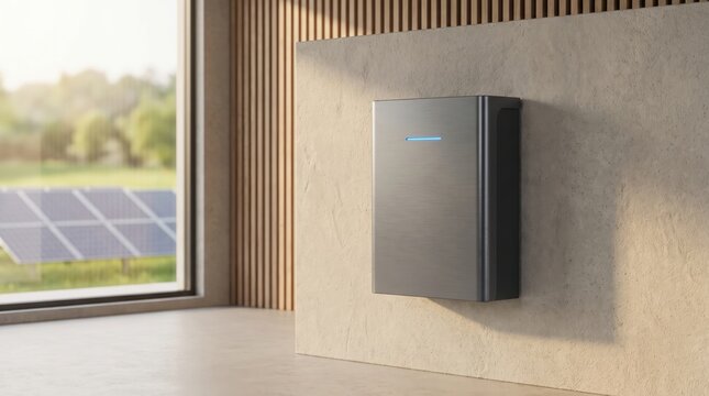 Wall-mounted home battery storage unit with blue led indicator