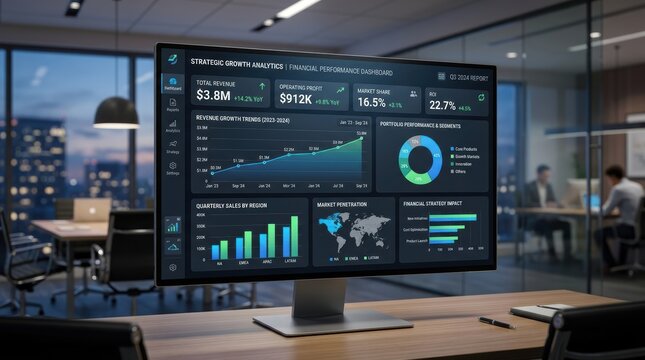 Modern business dashboard displays financial growth analytics and performance metrics