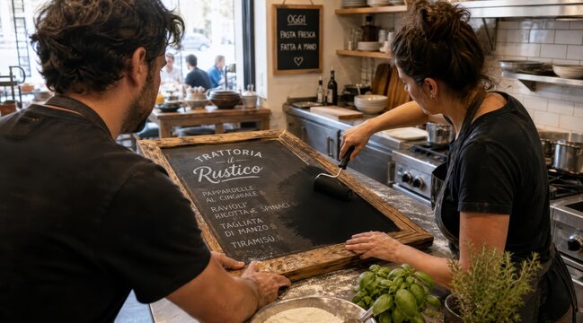 Chef updating rustic wooden menu board in trattoria kitchen