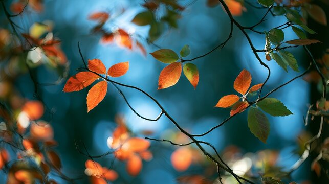 Leaves on tree branches, against a blurry scene.