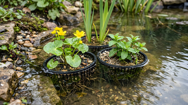 aquatic plants in pond baskets | yellow marsh marigolds in water garden | backyard garden pond landscaping | marginal pond plants for clear water