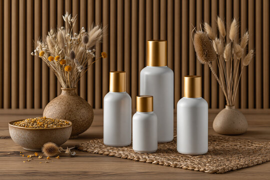 Remarkable and eye-catching visual of sophisticated arrangement of blank cosmetic bottles with delicate dried flowers and ceramic accents, premium beauty campaign,