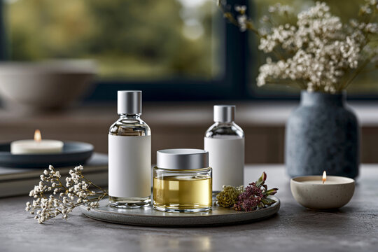 Sophisticated arrangement of blank cosmetic bottles with delicate dried flowers and ceramic accents, premium beauty campaign,, presented in stunning high resolution for professional use