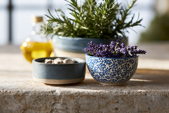 Sophisticated arrangement of botanical ingredients including lavender, rosemary, jojoba oil and ceramic bowls on limestone, bright natural lighting,, perfect for modern design, travel, or lifestyle