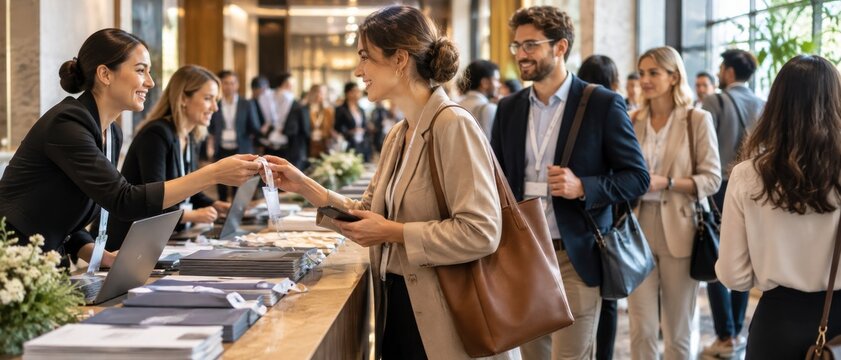 Conference attendees receive badges at registration desk, smiling and interacting