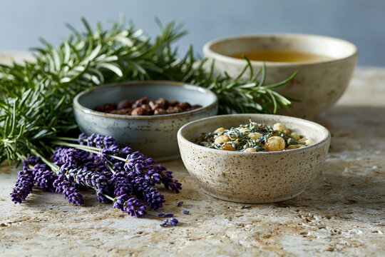 Captivating and dynamic shot highlighting sophisticated arrangement of botanical ingredients including lavender, rosemary, jojoba oil and ceramic bowls on limestone, bright natural lighting,