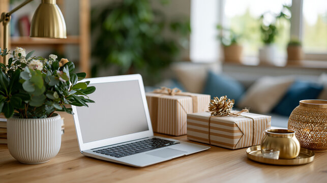 Stunning high-resolution capture featuring sophisticated office desk with premium laptop, parcels and decorative accessories, luxury shopping banner, bright Scandinavian interior,