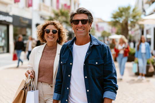 Gorgeous and professionally composed picture of stylish shoppers carrying purchases during a seasonal sale, natural daylight, urban shopping destination, premium lifestyle branding visual