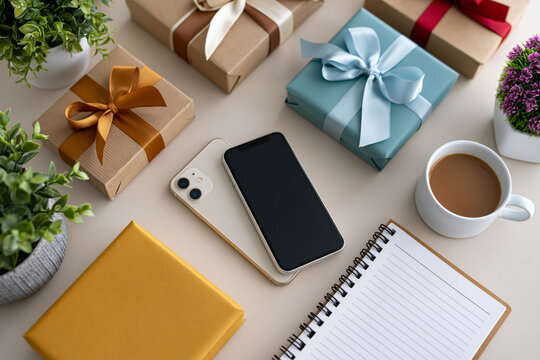Scenic and perfectly framed perspective of Top-down composition of smartphone, shopping bags, parcels and notebook on a neutral desk, online coupon savings theme, soft diffused lighting,, perfect for
