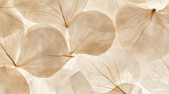 Flower petals, light beige leaves, and natural textures form a wide, see-through background. A close-up shot reveals leaf veins in a neutral, botanical style.