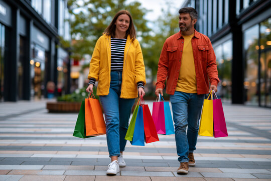 Amazing close-up or wide angle showing young adults carrying branded-free shopping bags after a successful sale event, bright urban shopping environment, premium lifestyle stock image
