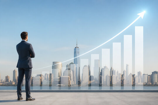 A businessman stands looking at a city skyline with an upward trending arrow graph superimposed over it.