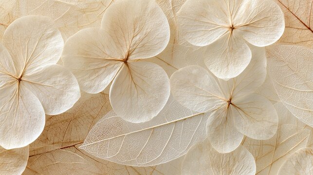 Flower petals, light beige leaves, and natural textures form a wide, see-through background. A close-up shot reveals leaf veins in a neutral, botanical style.
