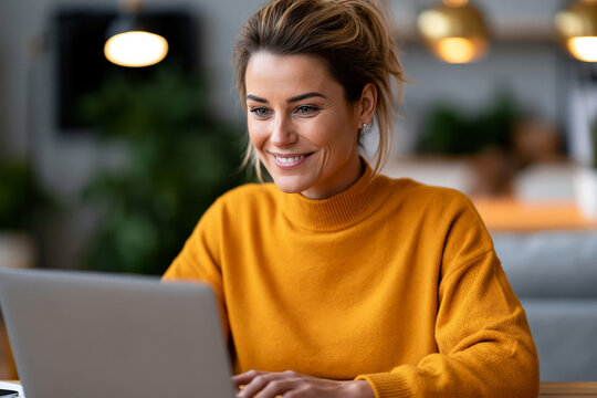 Captivating and dynamic shot highlighting young woman shopping online on a laptop while applying a promo code, modern home office, bright natural lighting, authentic expression,