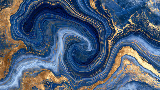 Cobalt blue agate marble with golden veins, close-up