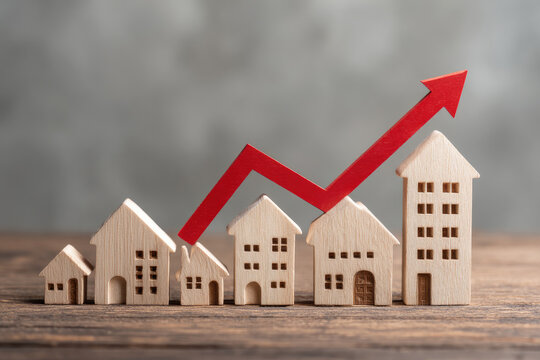 Wooden houses stand in a row from small to large with a red arrow up. concept of high demand for real estate. increase energy efficiency of housing. rise in house prices. property. population growth 
