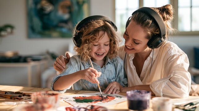 Mom and child bond through art, painting to music.  Art parent and child listen to autism podcasts at home.