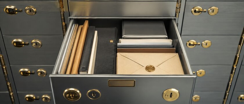 Organized safe deposit box drawer with documents and sealed envelope