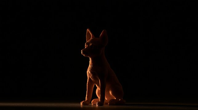 Small dog statue, lit from behind, on a dark surface in a creative setup.