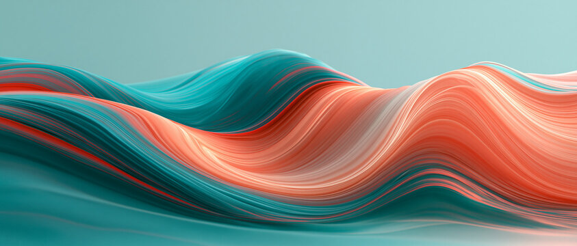 Abstract fluid motion waves in 3d rendering style, transformative teal and soft coral colors, dynamic aquatic background used for minimalist nautical wallpaper with copy space