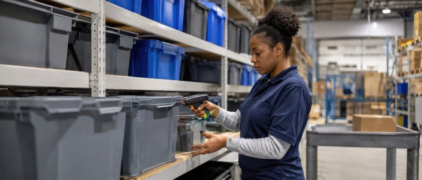 Warehouse worker scanning plastic totes on shelving with a handheld barcode reader