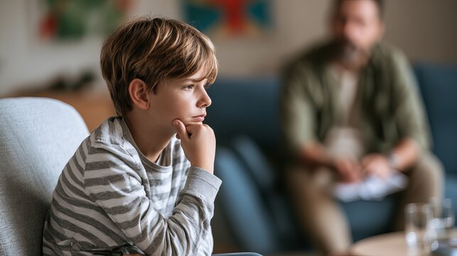 Boy hears psychologist in meeting, thinking of his troubles. Child education therapist meets with kid in family center.