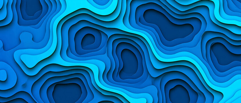 Abstract paper cuts with accurate topography soft and rounded forms and flat shading in a goosepunk style in cyan and blue colors representing a topographical map with copy space