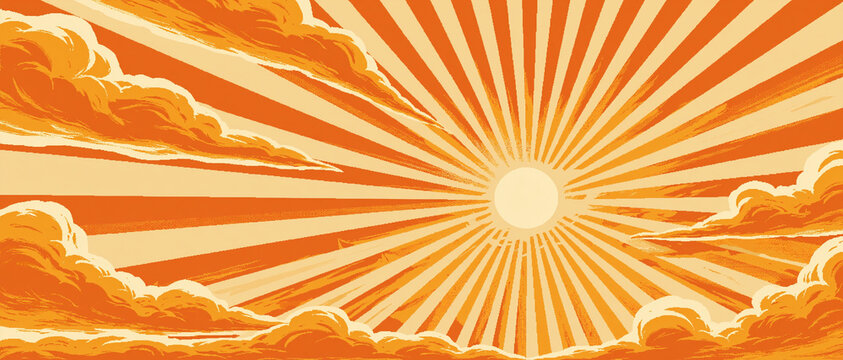 Sun rays and clouds flickr commission for in the style of mid-century illustration and desertwave in orange and beige colors representing a vintage sunset with copy space
