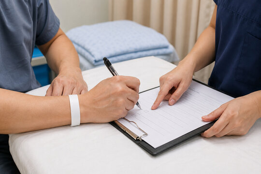 Patient filling out a medical form with nurse's assistance, completing health history for hospital admission.