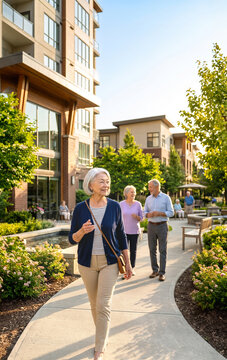 Active senior woman walking outdoors in a modern senior living community with other older adults, illustrating independent living, active aging, retirement lifestyle, social connection and healthy sen