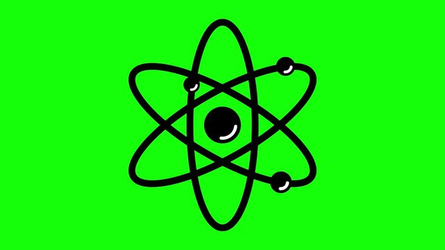 Animated physics atom icon featuring rotating electron orbits and a central nucleus on a bright green screen background.