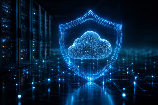 Cybersecurity shield made of blue light protecting a cloud data network