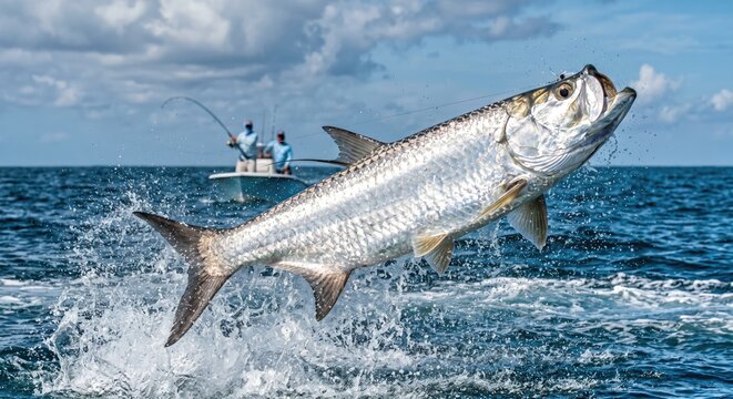 Silver Tarpon Fish Jumping from Ocean Wave