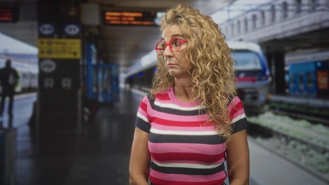 Woman with red glasses and curly blonde hair looks to the right at an arriving train on the platform inside a station building, striped top visible; anticipation patience.