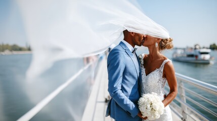 Naklejka premium A Beautiful Wedding Couple Embracing Each Other on the Scenic Waterfront at Sunset with a Flowing Veil