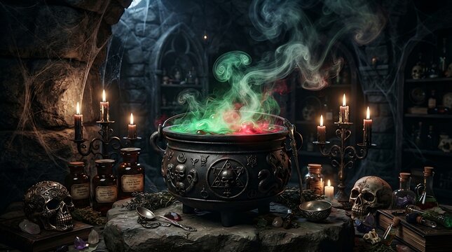 A magical bubbling cauldron in a dark spooky witch kitchen wishing everyone a happy halloween night