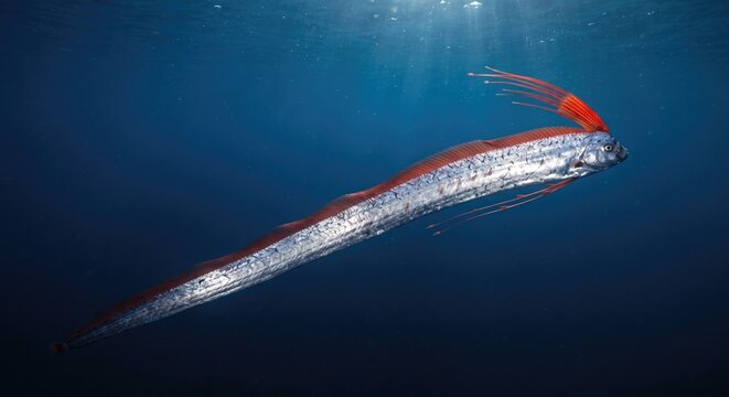 Rare Oarfish Swimming in Deep Ocean Water