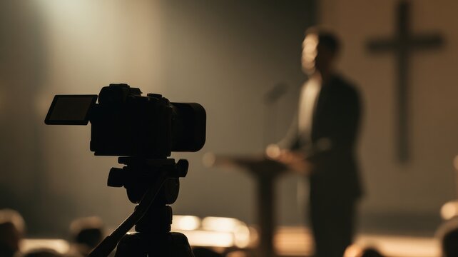 Livestream Sermon Production in Modern Church, Silhouette Camera and Preacher with Cross, Minimalist Symbolic Background