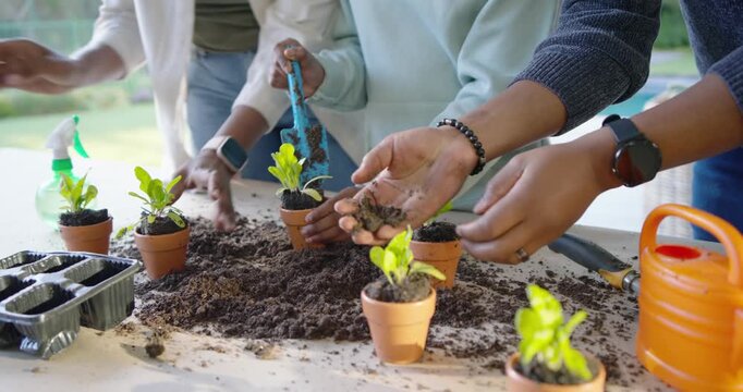 Family scooping soil then potting seedlings with blue trowel on porch, misting plants to present