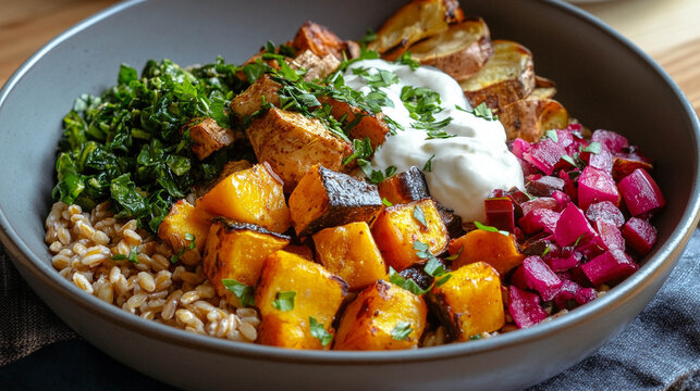 Roasted Root Vegetable and Farro Grain Bowl with Greens and Creamy Dressing
