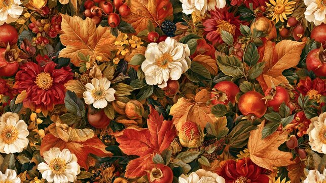 Autumn leaves, flowers, and fruits blend in a warm, seamless pattern. Vintage floral art suits seasonal fabrics and walls.