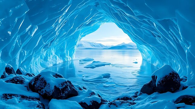 interior view of a blue ice cave facing snowy mountains