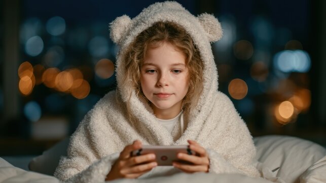 Cozy Evening A Young Girl Delightfully Enjoying Her Screen Time Nestled Under Warm Blankets and Pillows