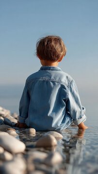A Young Girl Sitting Peacefully at the Tranquil Waters Edge, Embracing the Beautiful Golden Hour Light