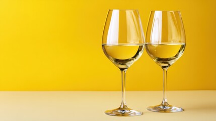 Obraz premium Two elegant wine glasses filled with refreshing white wine are beautifully presented on a bright yellow surface