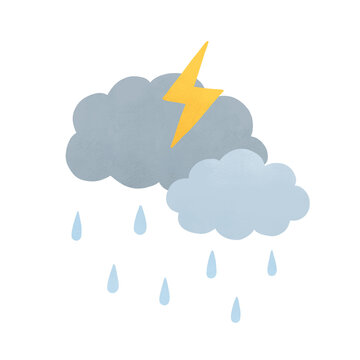 Grey storm cloud with raindrops and lightning bolt illustration isolated on transparent background
