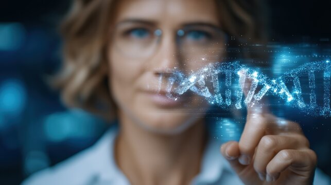 Smiling scientist interacting with glowing blue DNA helix hologram in modern laboratory, with blurred colleagues, soft bokeh lights and high-tech research environment around her