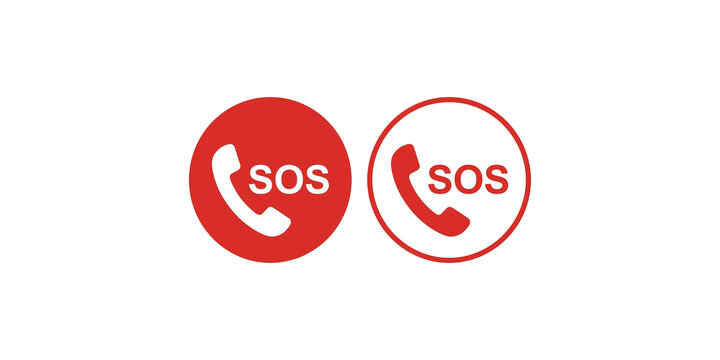 Red sos emergency call icons with telephone handset silhouette and round button shapes.