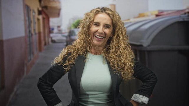 Middle-aged blonde woman with curly hair hands on hips smiling and winking in a street beside a large dumpster and buildings; confidence resilience.